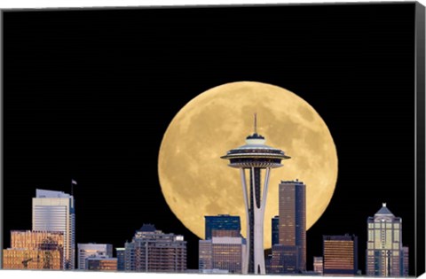 Framed Large Full Moon Behind The Seattle Space Needle Print