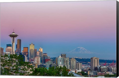 Framed Skyline View Of Seattle With Mount Rainier Print