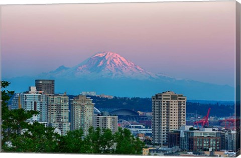 Framed Mount Rainier Behind The Seattle Skyline Print