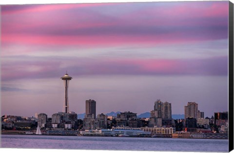 Framed Pink Sunset With The Seattle Space Needle Print