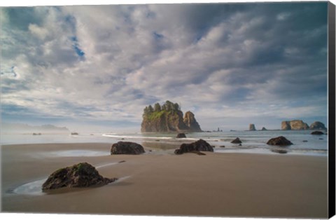 Framed Early Morning Mist And Sea Stacks On Second Beach Print