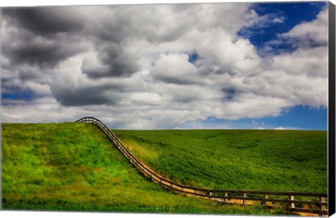 Framed Long Fence Running Through A Wheat Field Print