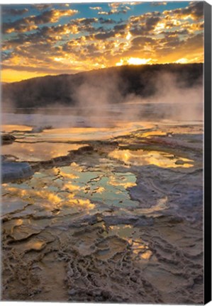 Framed Sunrise With Clouds And Reflections At Mammoth Hot Springs Print