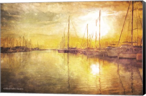 Framed Yellow Sunset Boats in Marina Print