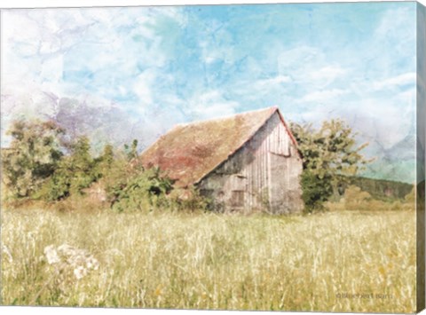 Framed Spring Green Meadow by the Old Barn Print