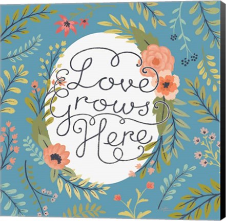 Framed Retro Garden II - Love Grows Here Blue Print