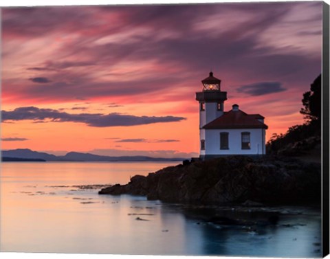 Framed Orange Sunset at Lime Kiln Lighthouse Print