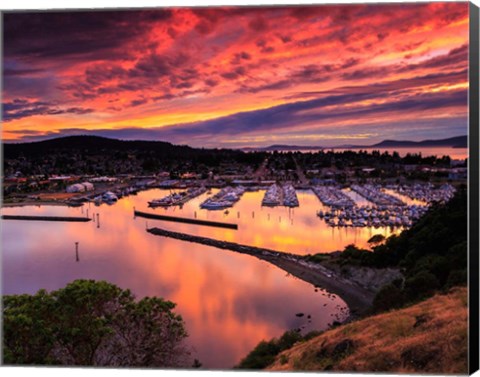 Framed Red Sunset Over Harbor Print