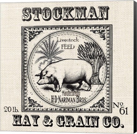 Framed Farmhouse Grain Sack Label Pig Print