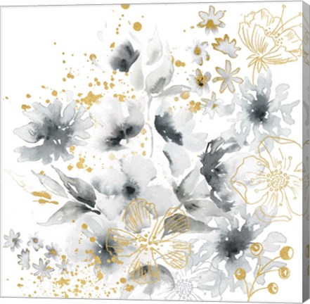 Framed Watercolor Gray and Gold Floral Print