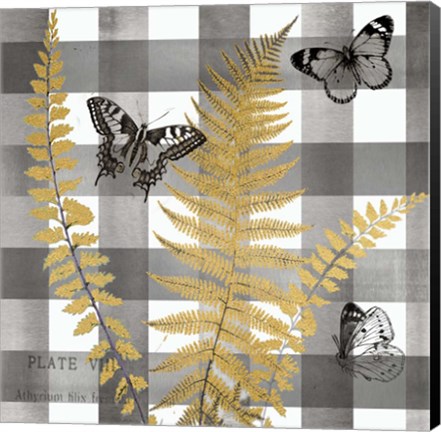 Framed Buffalo Check Ferns and Butterflies Neutral I Print