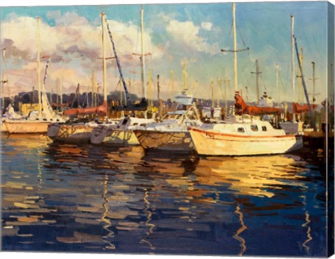 Framed Boats on Glassy Harbor Print