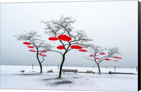 Framed Red Umbrellas Print