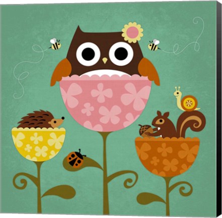 Framed Owl, Squirrel and Hedgehog in Flowers Print