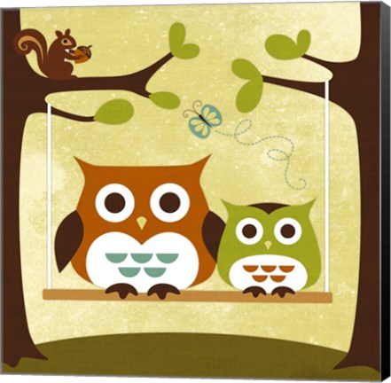 Framed Two Owls on Swing Print