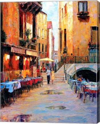 Framed Street Cafe after Rain Print