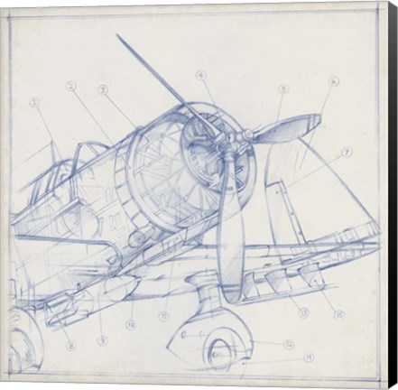 Framed Airplane Mechanical Sketch I Print