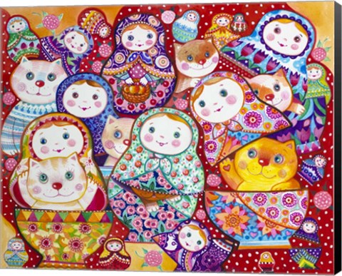 Framed Cats And Nesting Dolls Print