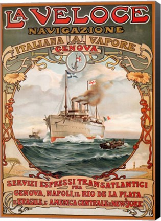 Framed Italian Steamship Travel Ad 1893 Print