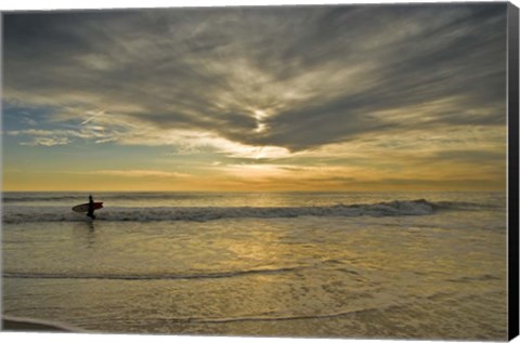 Framed Sunrise On Surfer With Board Walking Through Shore Waves, Cape May NJ Print