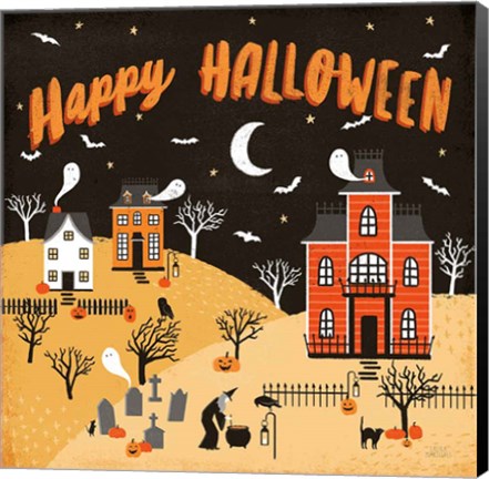 Framed Spooky Village IV Happy Halloween Print