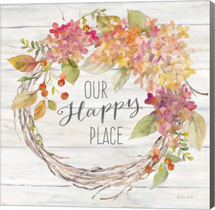 Framed Farmhouse Hydrangea Wreath Spice II Happy Place Print