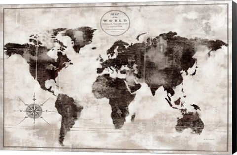 Framed Rustic World Map Black and White Print