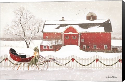 Framed Christmas Barn with Sleigh Print