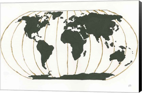 Framed World Map Gold Lines Print