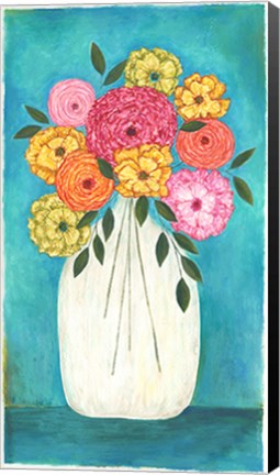 Framed Bright Flowers - Teal Background II Print