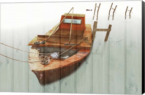 Framed Boat with Textured Wood Look III Print