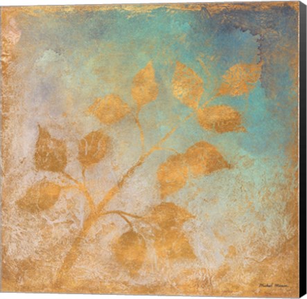 Framed Gold Leaves on Blues I Print