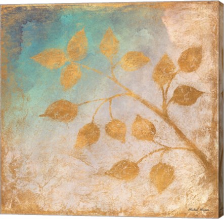 Framed Gold Leaves on Blues II Print