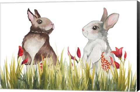 Framed Bunnies Among the Flowers I Print