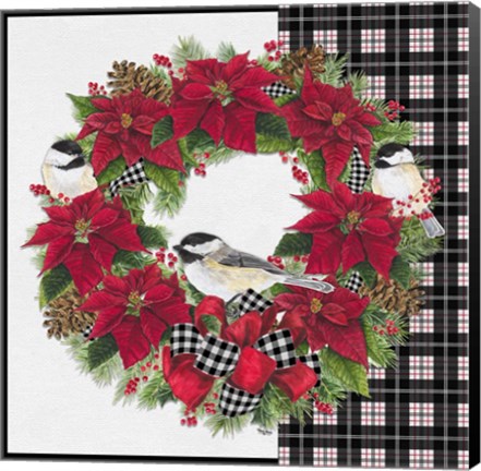 Framed Chickadee Christmas Red V Wreath Print