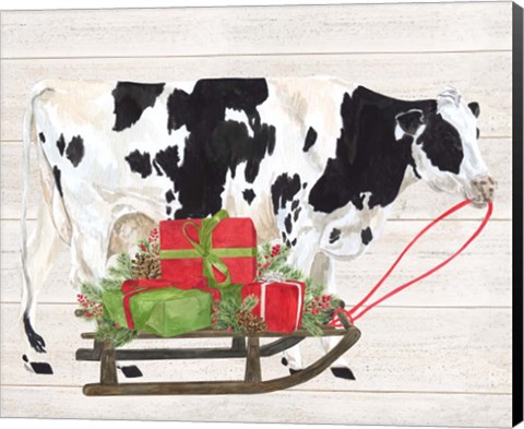 Framed Christmas on the Farm I Cow with Sled Print