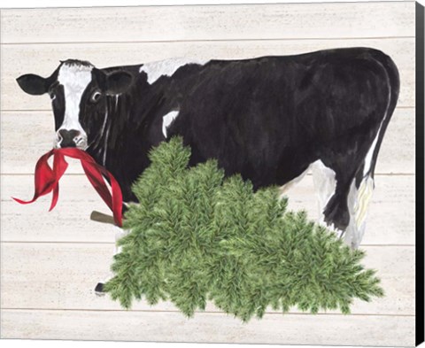 Framed Christmas on the Farm II Cow with Tree Print