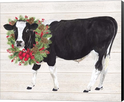 Framed Christmas on the Farm III Cow with Wreath Print