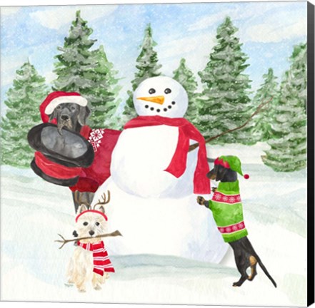 Framed Dog Days of Christmas I Building Snowman Print