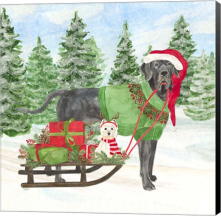 Framed Dog Days of Christmas II Sled with Gifts Print