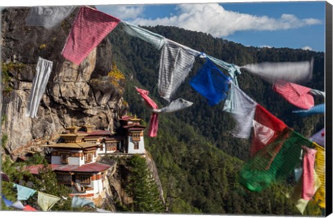 Framed Bhutan, Paro Prayer Flags Fluttering At The Cliff&#39;s Edge Across From Taktsang Monastery, Or Tiger&#39;s Nest Print