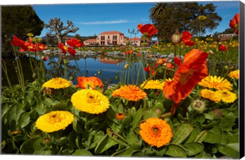 Framed Flowers And Blue Baths, Government Gardens, Rotorua, North Island, New Zealand Print