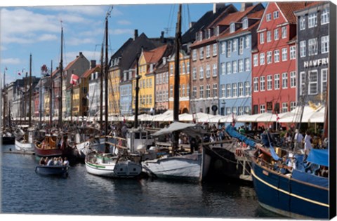 Framed Colorful Buildings, Boats And Canal, Denmark, Copenhagen Print