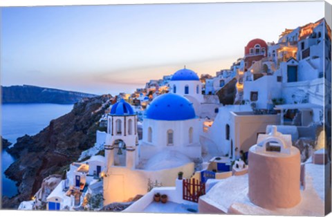 Framed Greece, Santorini, Oia Sunset On Coastal Town Print