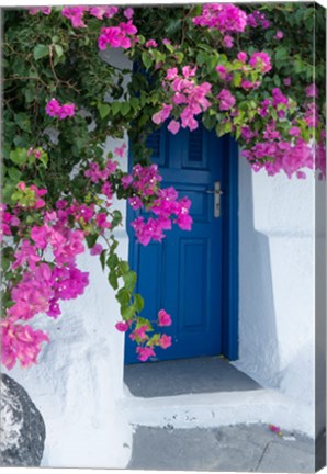 Framed Greece, Santorini A Picturesque Blue Door Is Surrounded By Pink Bougainvillea In Firostefani Print