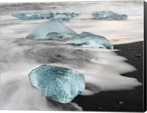 Framed Icebergs On Black Volcanic Beach Near The Jokulsarlon Glacial Lagoon In The Vatnajokull National Park, Iceland Print