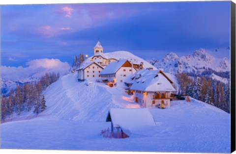 Framed Italy, Monte Lussari Winter Night At Ski Resort Print