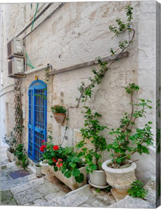 Framed Italy, Puglia, Brindisi, Itria Valley, Ostuni Blue Door And Potted Plants Print