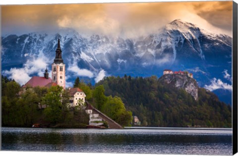 Framed Europe, Slovenia, Lake Bled Church Castle On Lake Island And Mountain Landscape Print