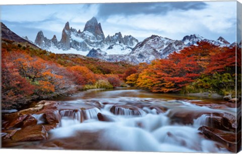 Framed Argentina, Los Glaciares National Park Mt Fitz Roy And Lenga Beech Trees In Fall Print